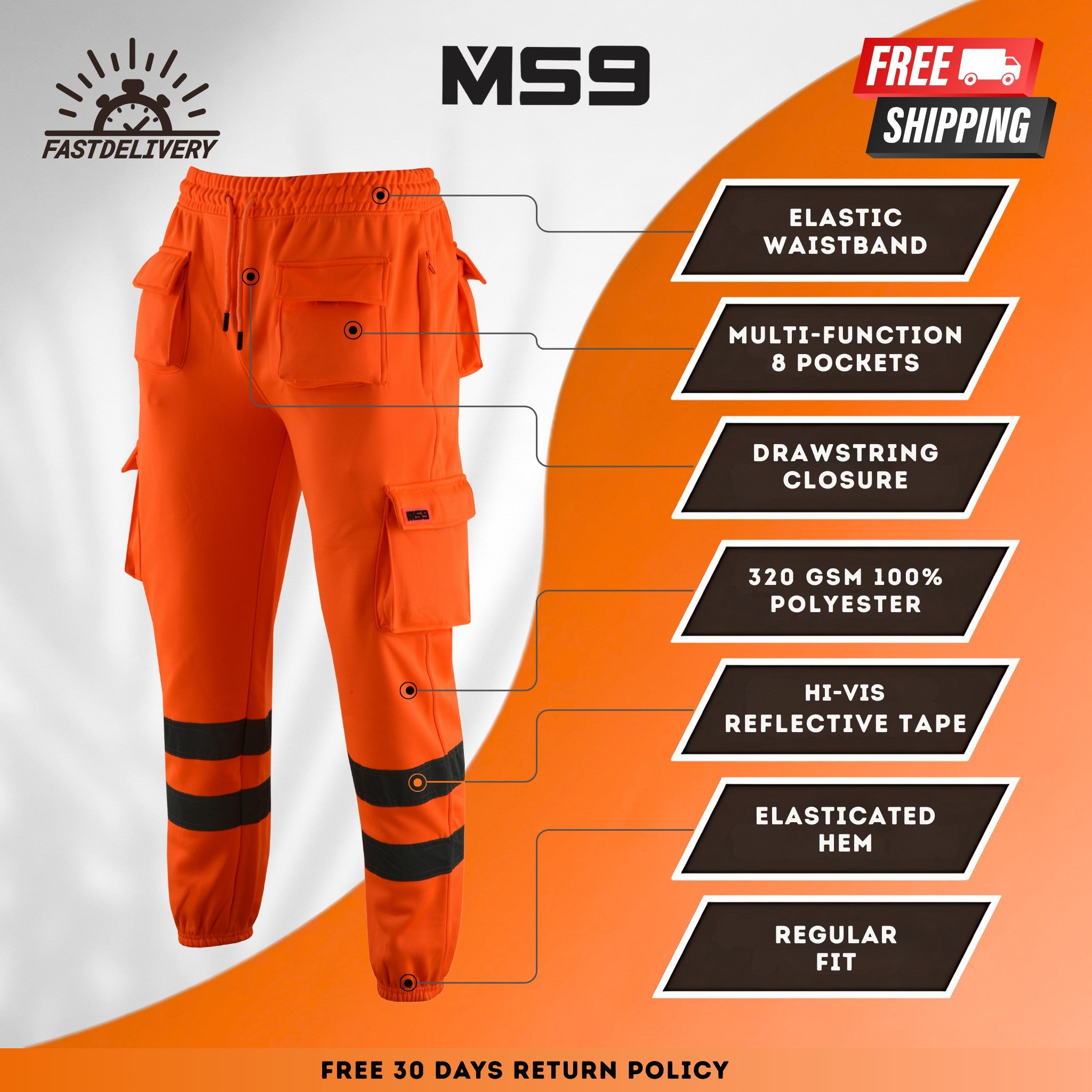 MS9 men's hi visibility hi vis viz fleece work trouser jogger in full orange colour  most comfortable and durable trouser for winter season
